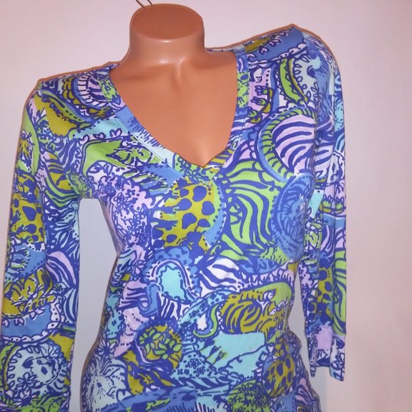 Lilly Pulitzer Shirt Dress XS Blue Green Cats V Neck Pit to Pit 17" Length 34" P - Picture 3 of 12